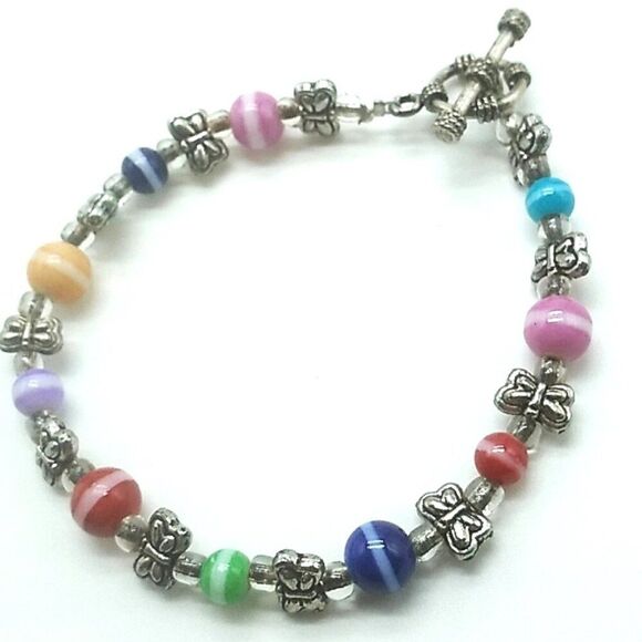 Colorful Rainbow Glass Beaded Toggle Bracelet-Anklet w Silver-tone Butterflies - Picture 1 of 15